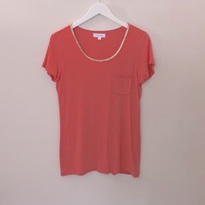 Calvin Klein Coral Tee with Embellished Neckline